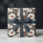 Luxury vintage floral wrapping paper with white daisies and a gray ribbon, by Wrapped Studios.