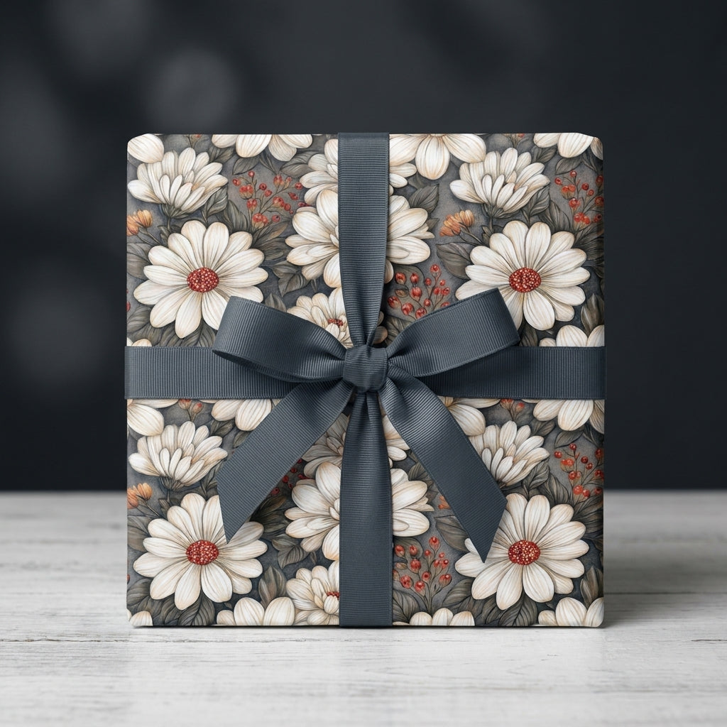 Luxury vintage floral wrapping paper with white daisies and a gray ribbon, by Wrapped Studios.