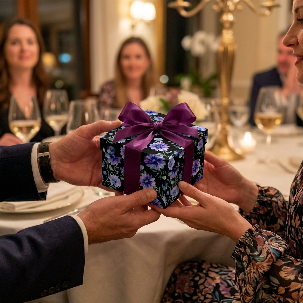 Luxury floral wrapping paper on a gift box with a purple bow at an elegant dinner by Wrapped Studios.