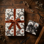 Luxury vintage floral wrapping paper with cream flowers and rust velvet ribbon by Wrapped Studios.