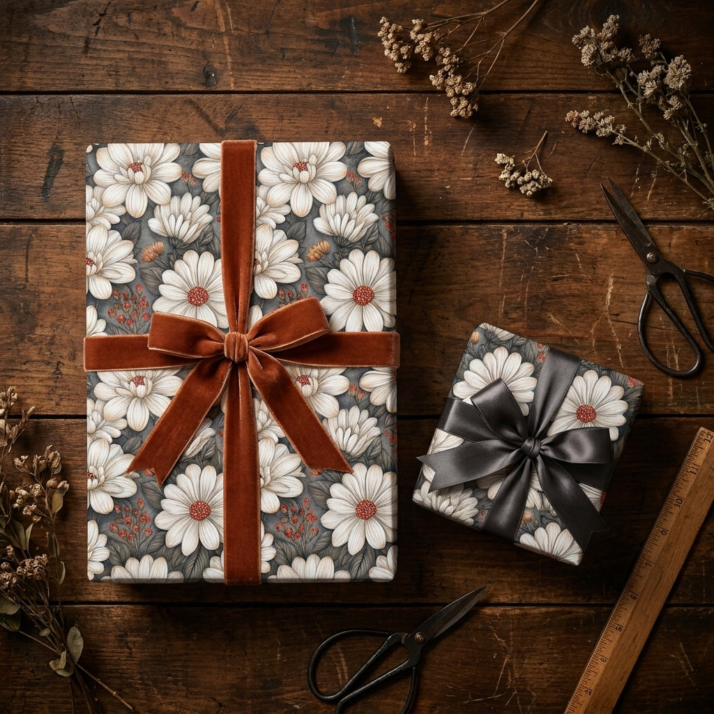 Luxury vintage floral wrapping paper with cream flowers and rust velvet ribbon by Wrapped Studios.