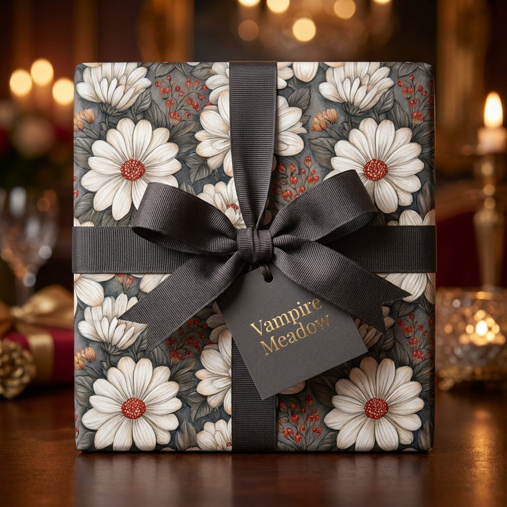 Gothic floral wrapping paper with white daisies and a black ribbon bow by Wrapped Studios.