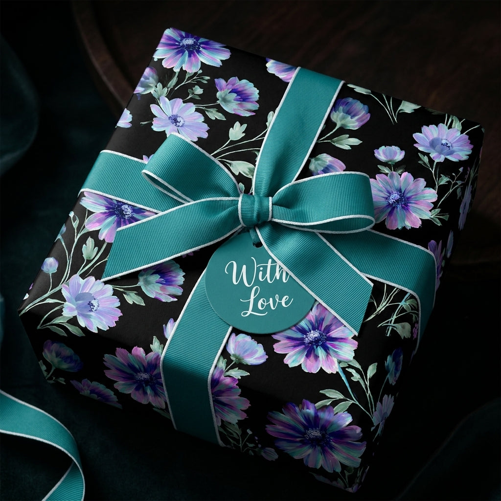 Elegant purple floral wrapping paper with teal bow and tag, luxury birthday gift wrap by Wrapped Studios.