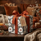 Vintage floral holiday gift wrap with a terracotta bow on a cozy Christmas present by Wrapped Studios.