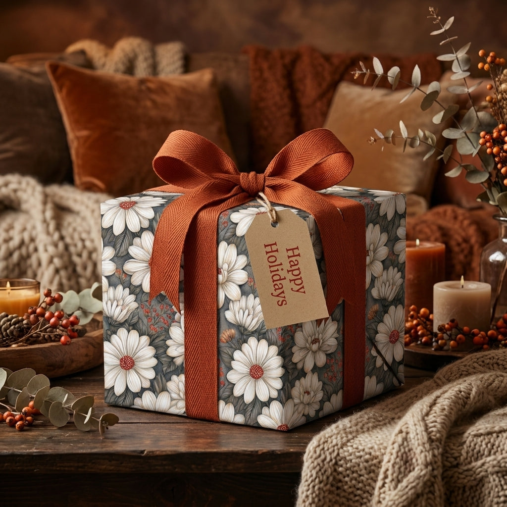 Vintage floral holiday gift wrap with a terracotta bow on a cozy Christmas present by Wrapped Studios.