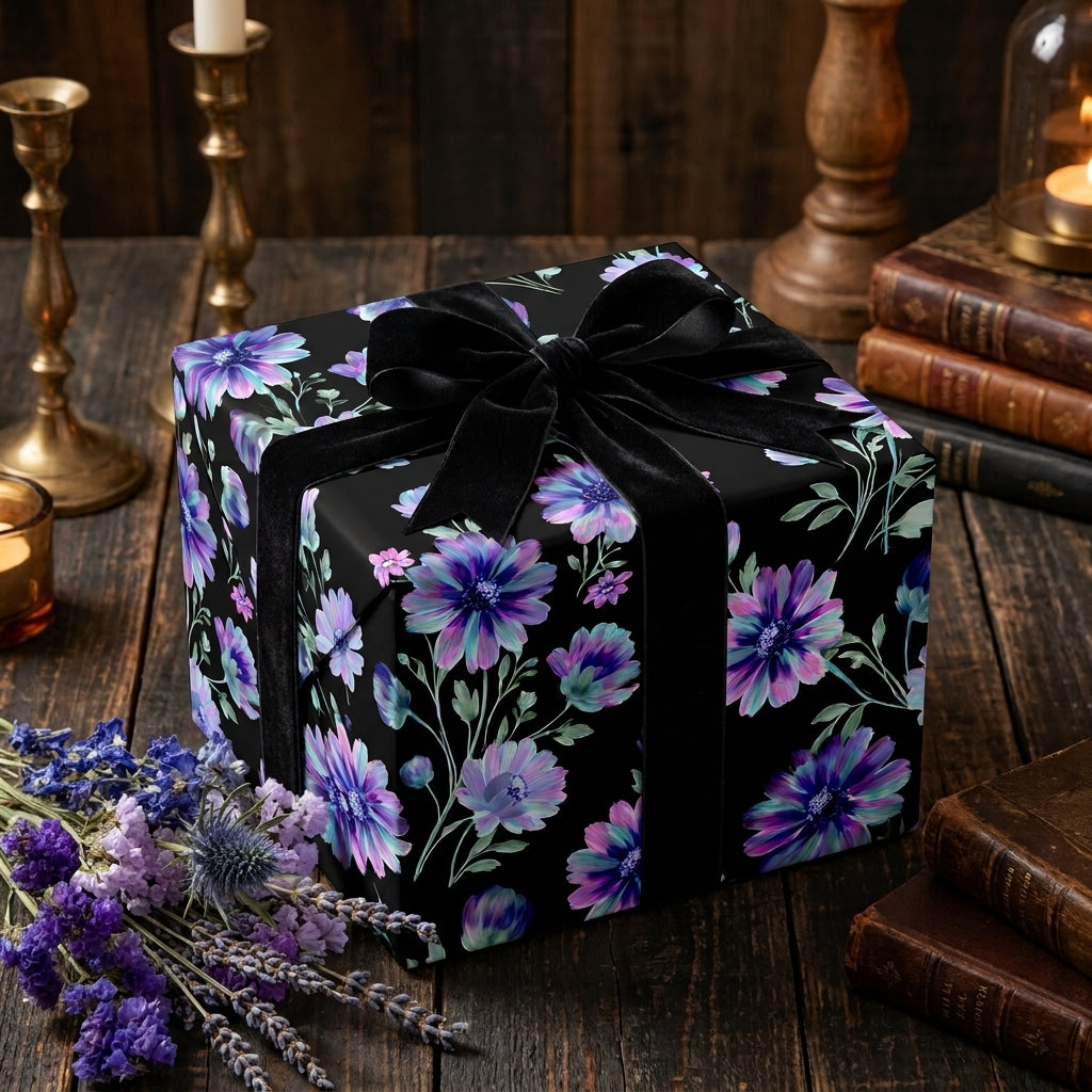 Moody floral wrapping paper with purple flowers and a black velvet bow by Wrapped Studios.