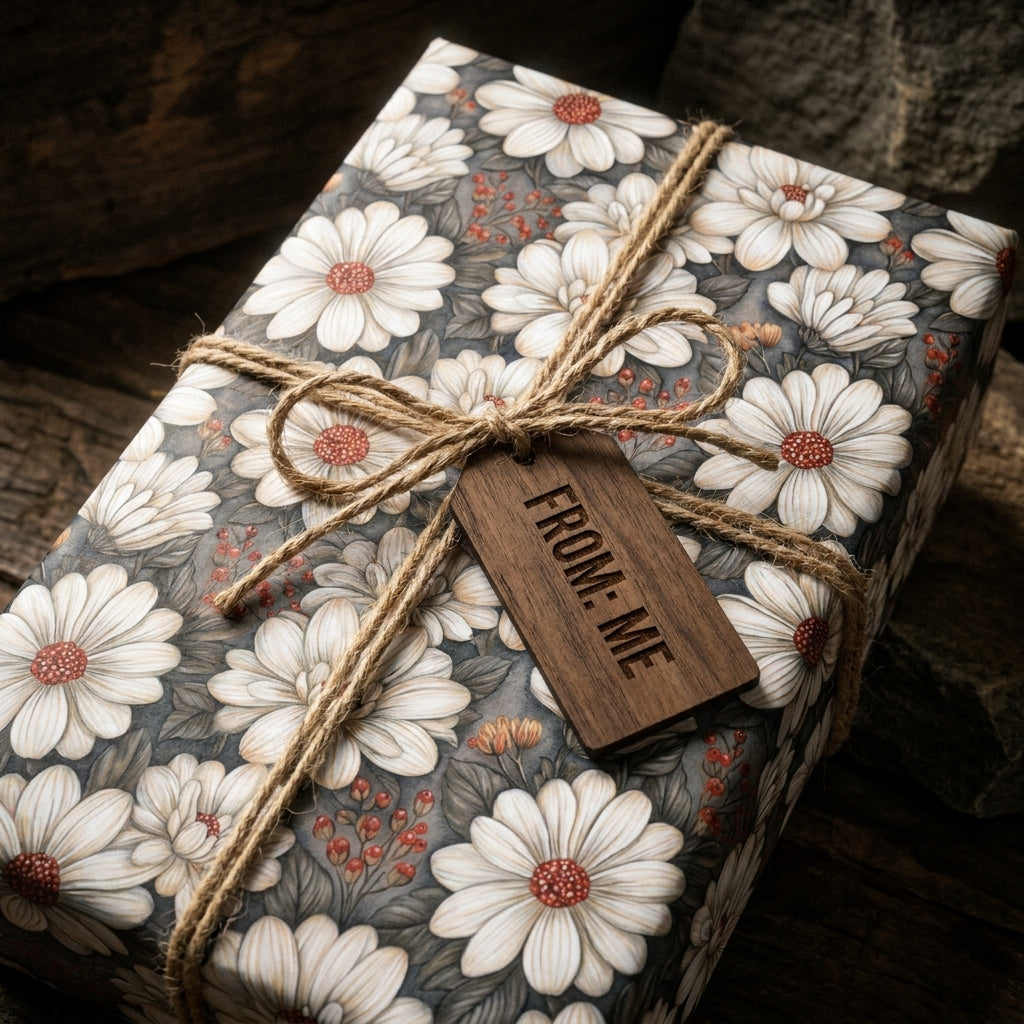 Vintage daisy floral wrapping paper on a rustic gift box with twine by Wrapped Studios.