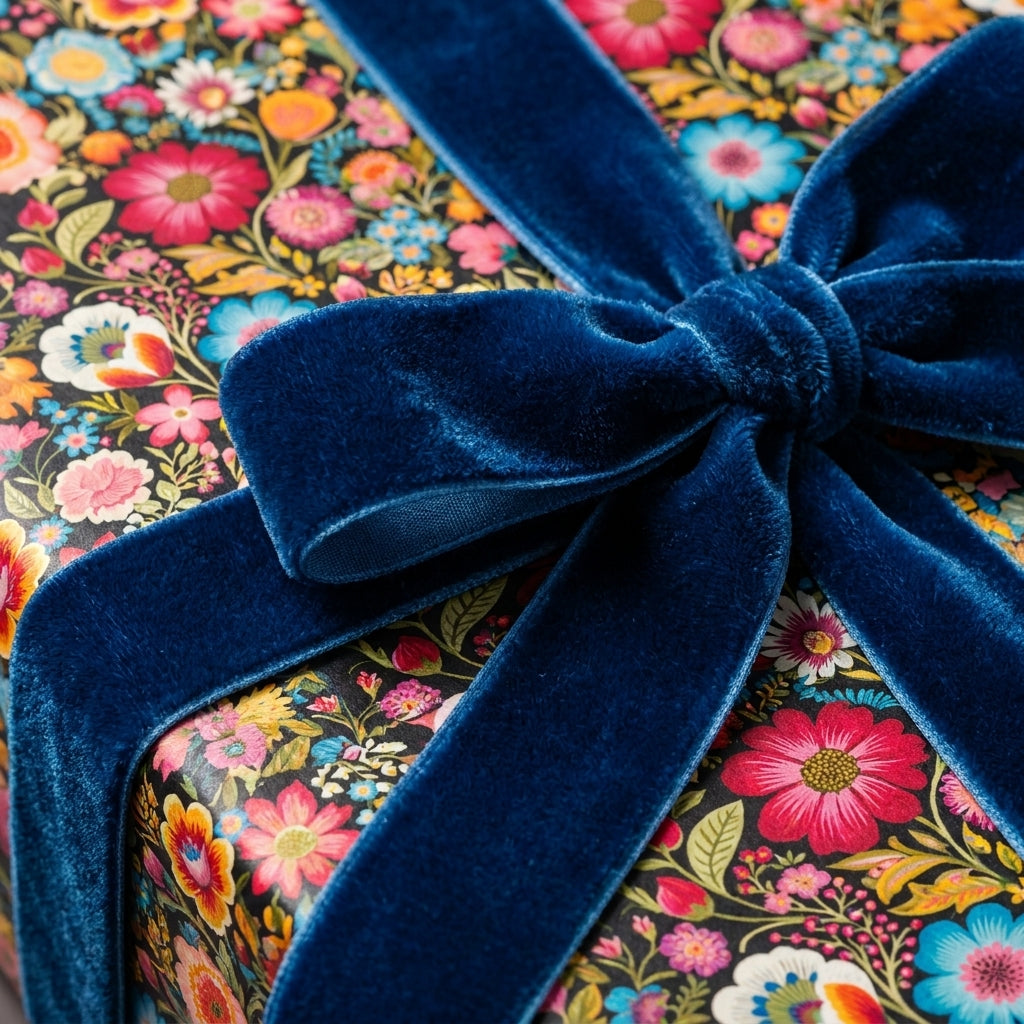 Luxury floral wrapping paper with a dark botanical print and blue velvet ribbon by Wrapped Studios.