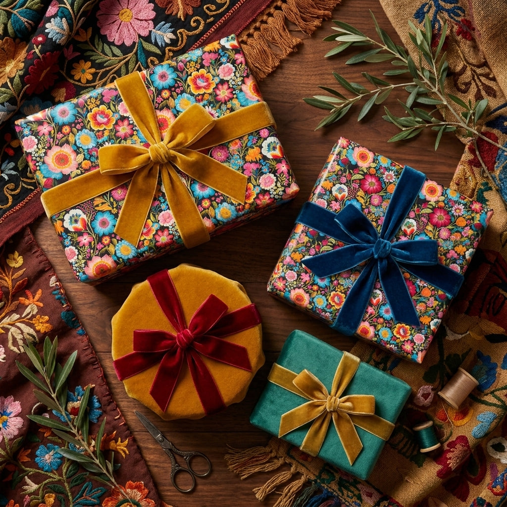 Boho floral wrapping paper and luxury velvet ribbon gift wrap by Wrapped Studios.