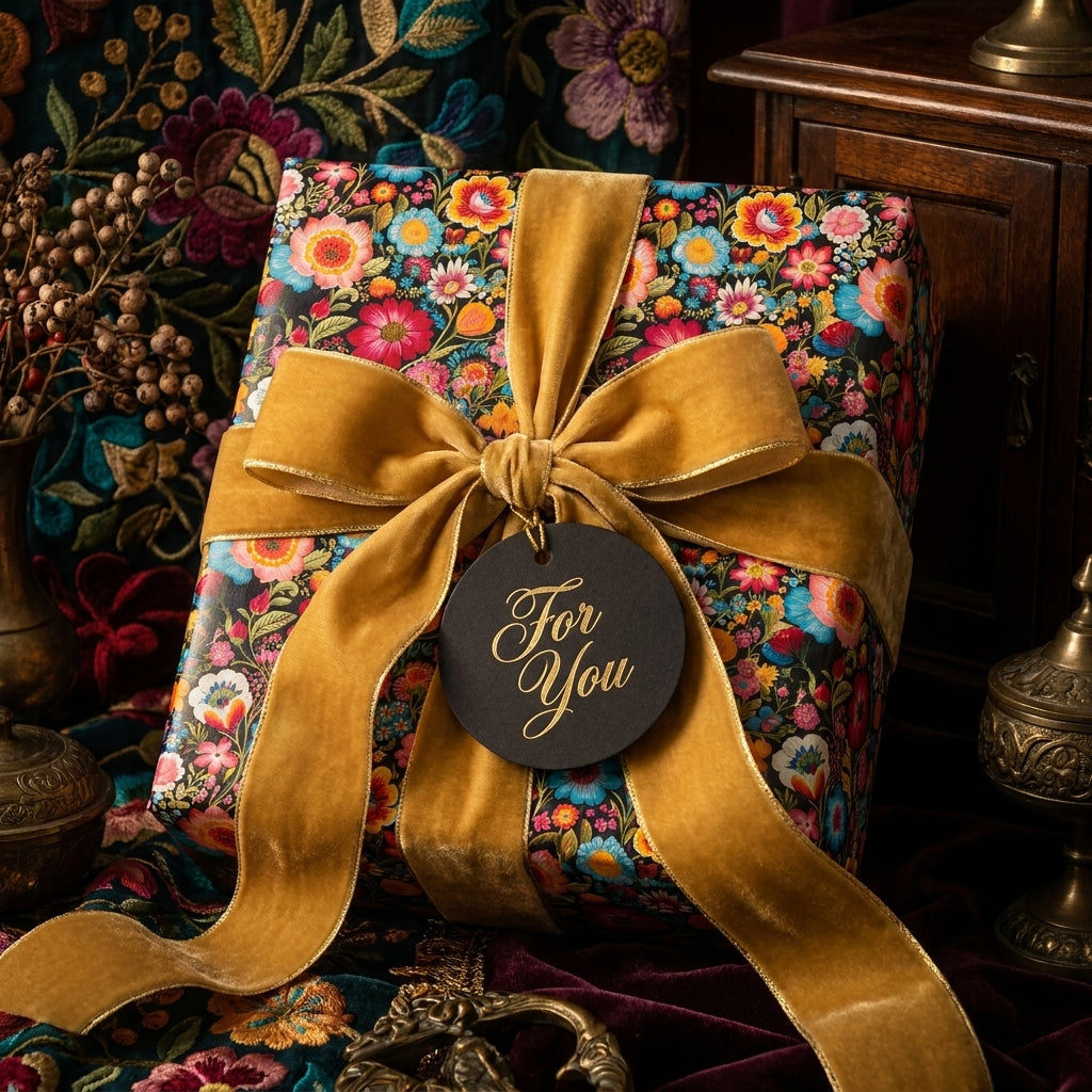 Luxury vintage floral wrapping paper with a gold velvet bow and gift tag by Wrapped Studios.