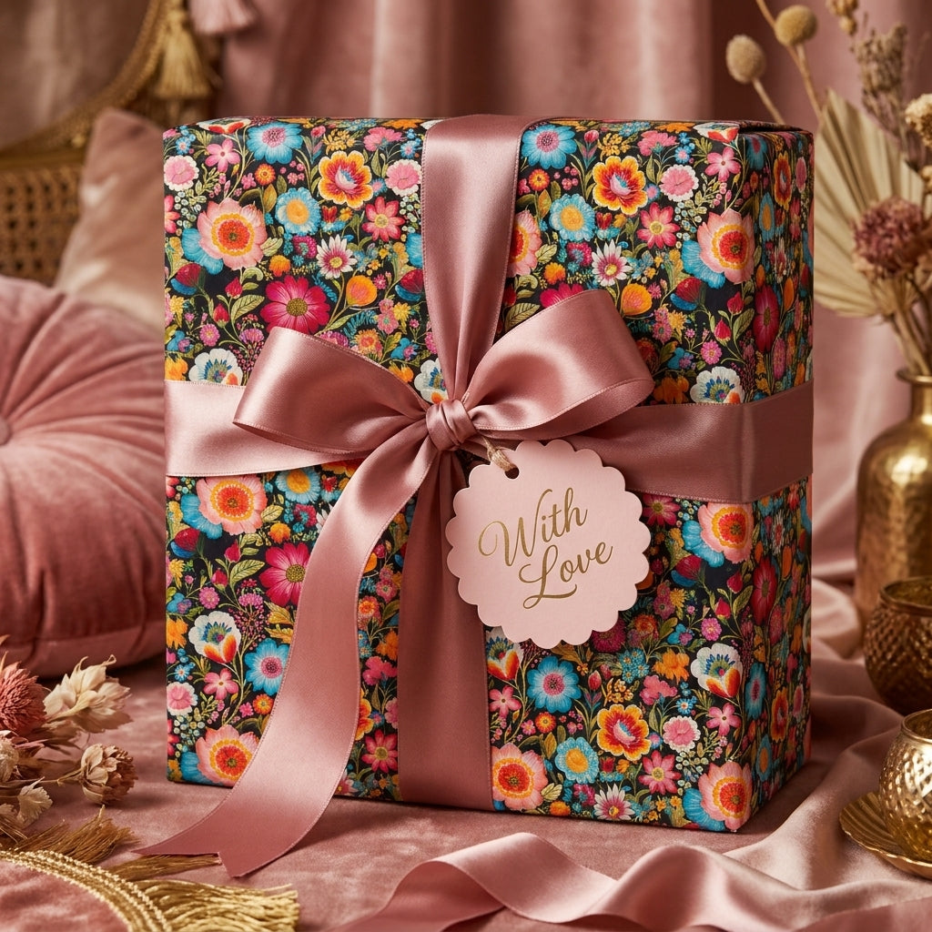 Luxury floral wrapping paper with a dusty pink satin bow and "With Love" gift tag by Wrapped Studios.