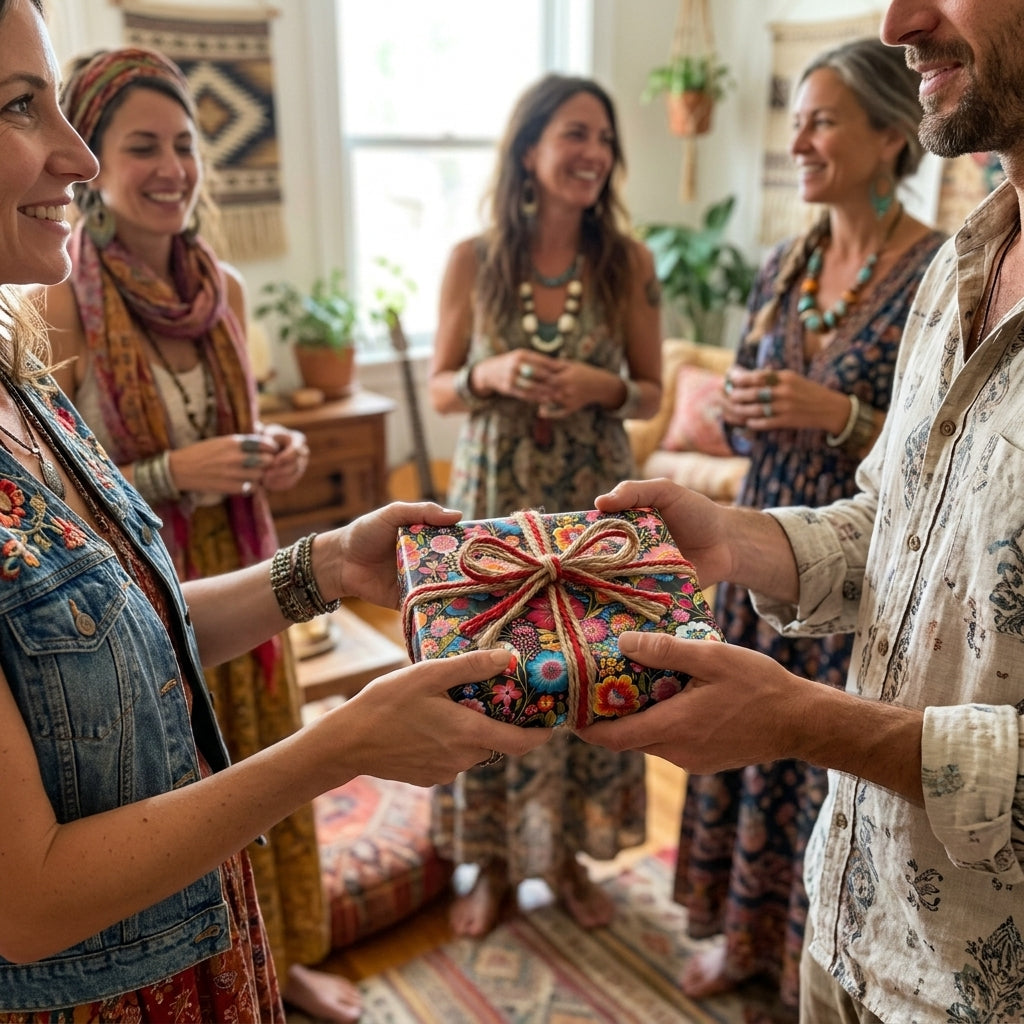 Boho floral wrapping paper with a twine bow by Wrapped Studios, gifted at a bohemian gathering.
