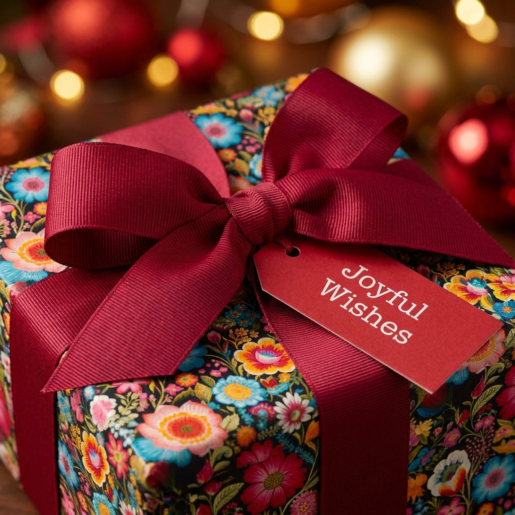 Luxury floral wrapping paper by Wrapped Studios on a Christmas gift box with a burgundy ribbon bow.