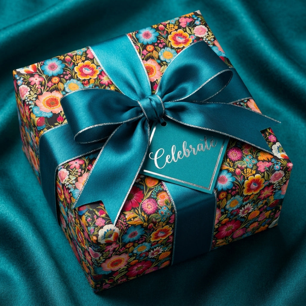 Luxury floral wrapping paper with teal satin ribbon on a birthday gift box, by Wrapped Studios.