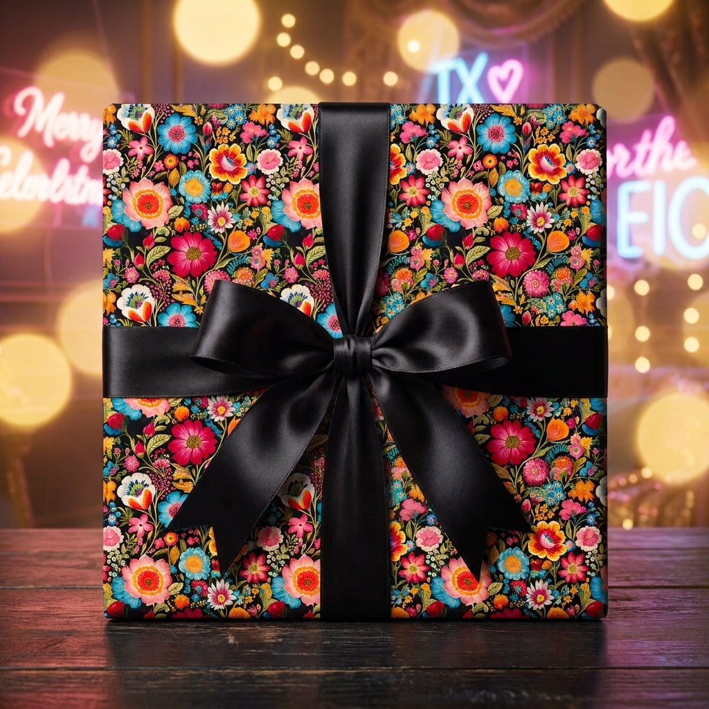 Luxury floral wrapping paper with a black satin bow on a gift box, by Wrapped Studios.