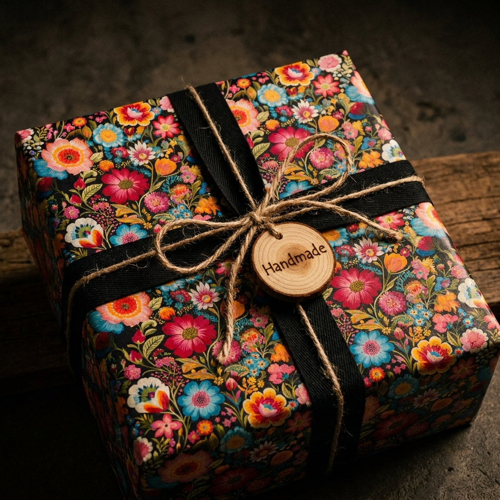 Vintage floral wrapping paper with black ribbon and handmade wooden tag on a gift box by Wrapped Studios.