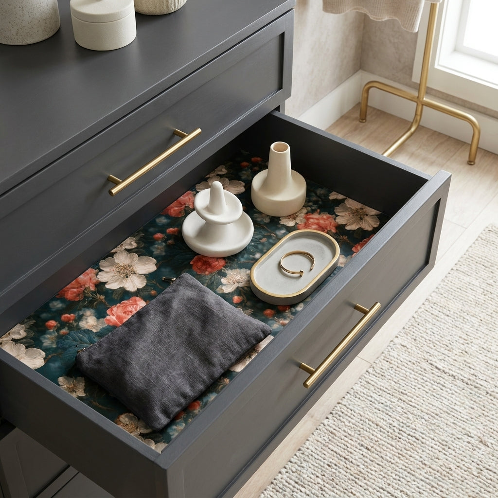 Vintage floral drawer liner and luxury wrapping paper in a grey dresser drawer by Wrapped Studios.
