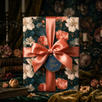 Luxury vintage floral wrapping paper with coral satin bow and "For You" tag, by Wrapped Studios.