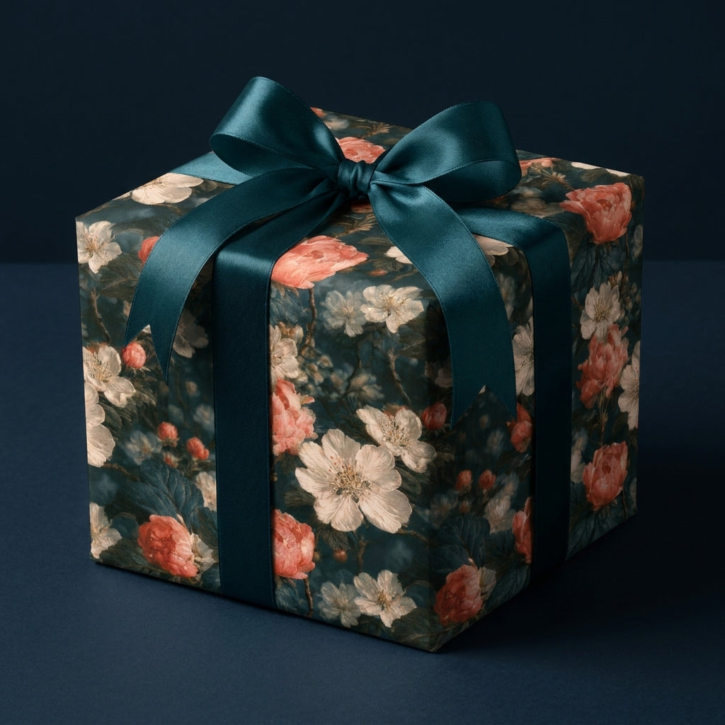 Luxury dark floral wrapping paper with a teal satin bow on a gift box, by Wrapped Studios.