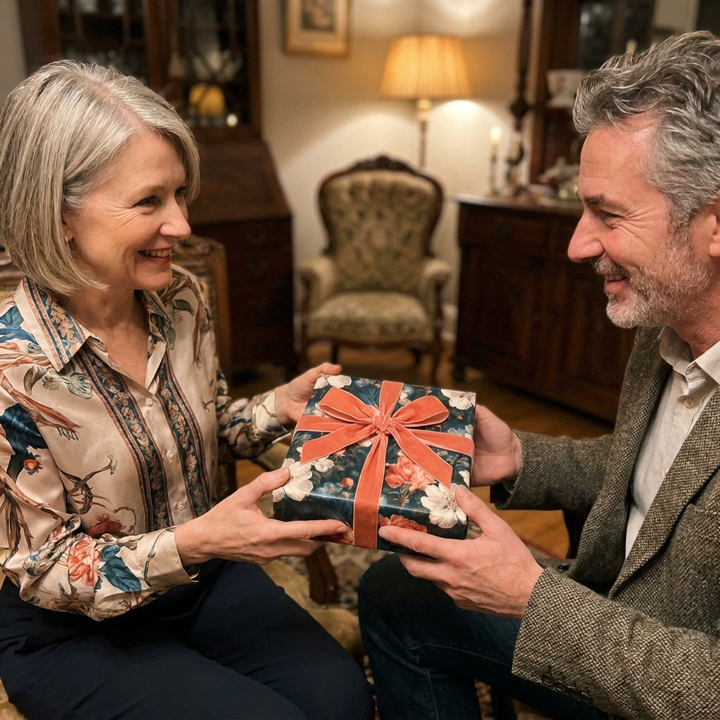 Couple exchanging a gift wrapped in luxury dark floral wrapping paper with a velvet bow by Wrapped Studios.