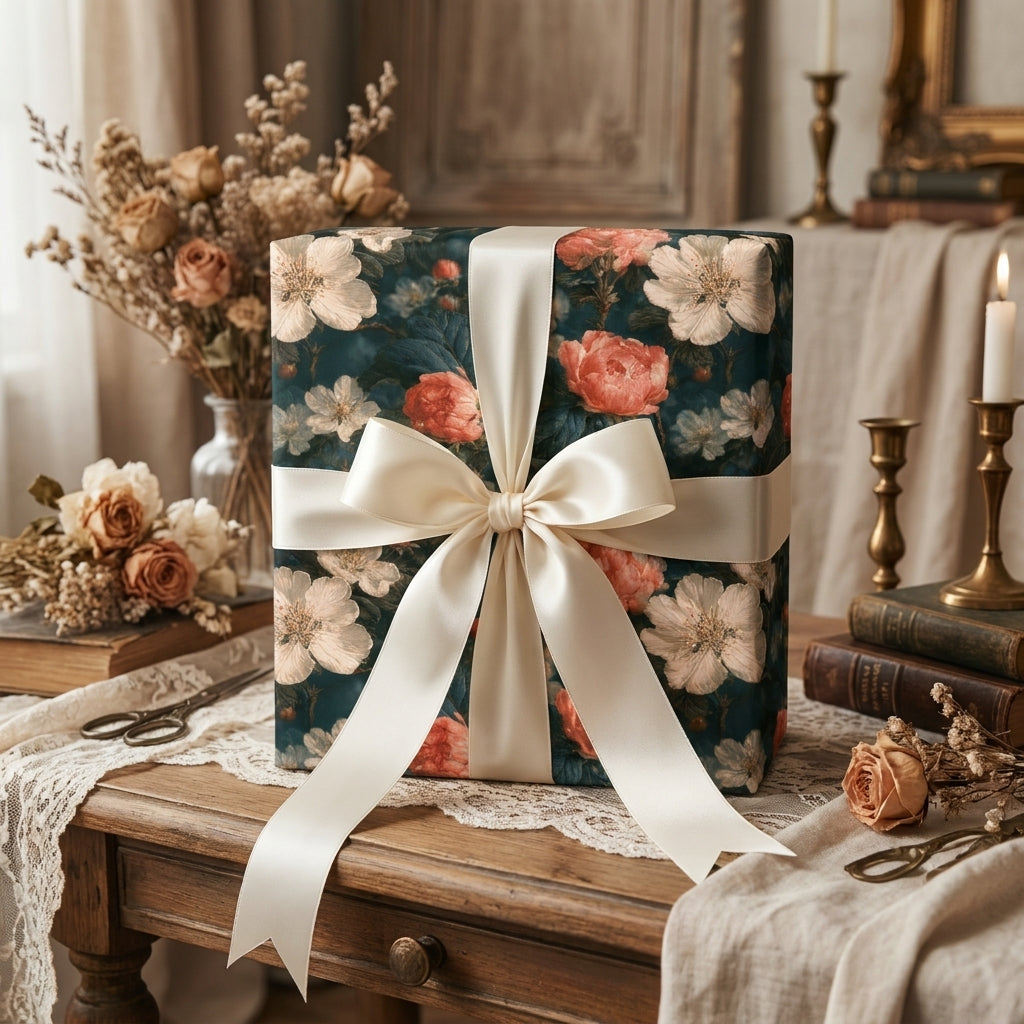 Luxury vintage floral wrapping paper in dark teal with a cream satin bow on a gift box. Wrapped Studios.