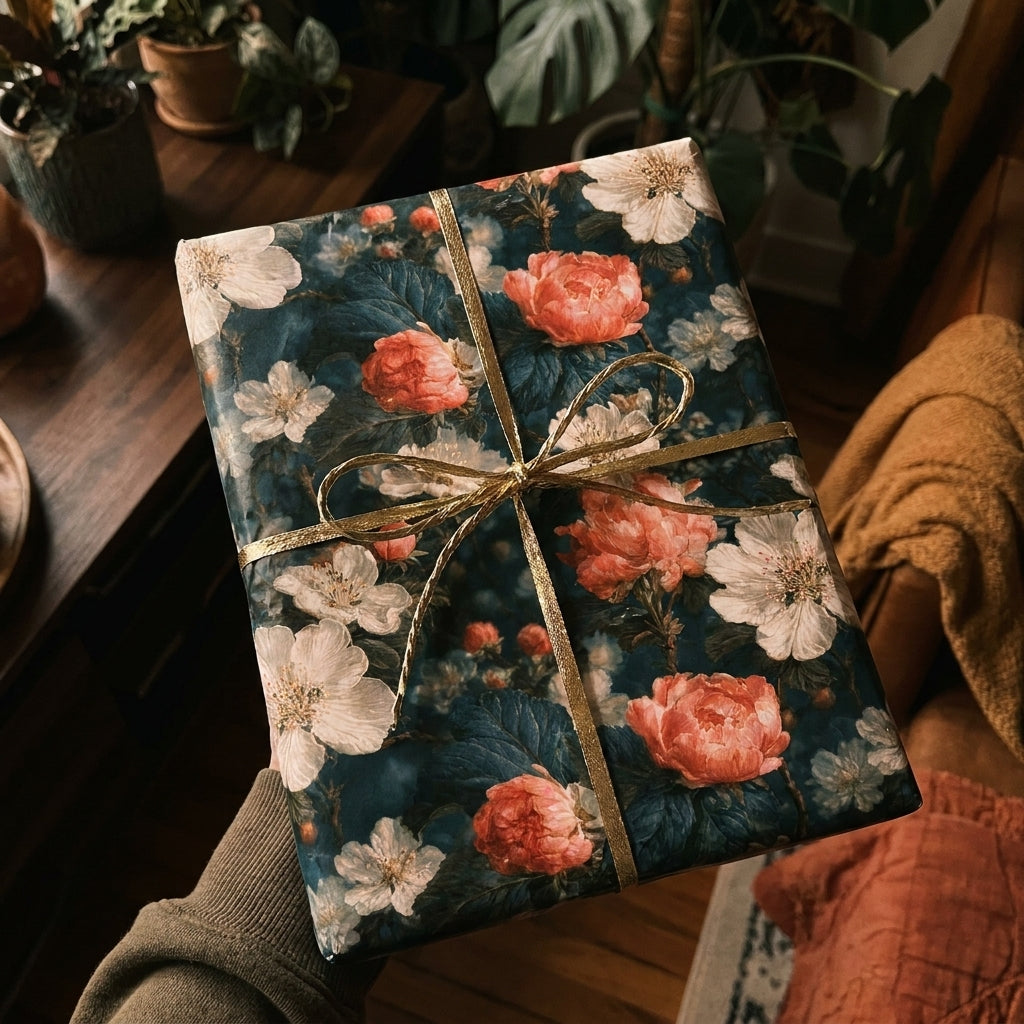 Luxury dark floral wrapping paper with coral roses and gold ribbon by Wrapped Studios.