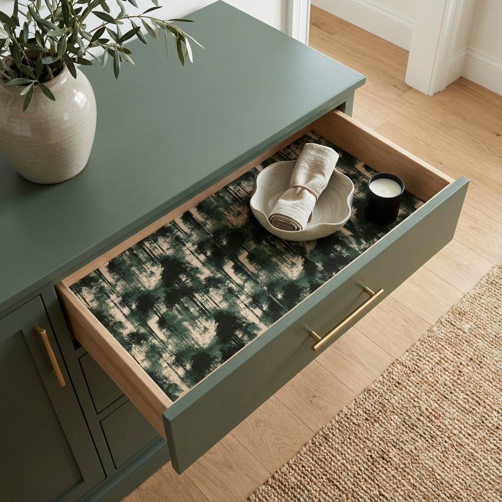 Luxury green forest wrapping paper used as a drawer liner in a modern sage cabinet by Wrapped Studios.