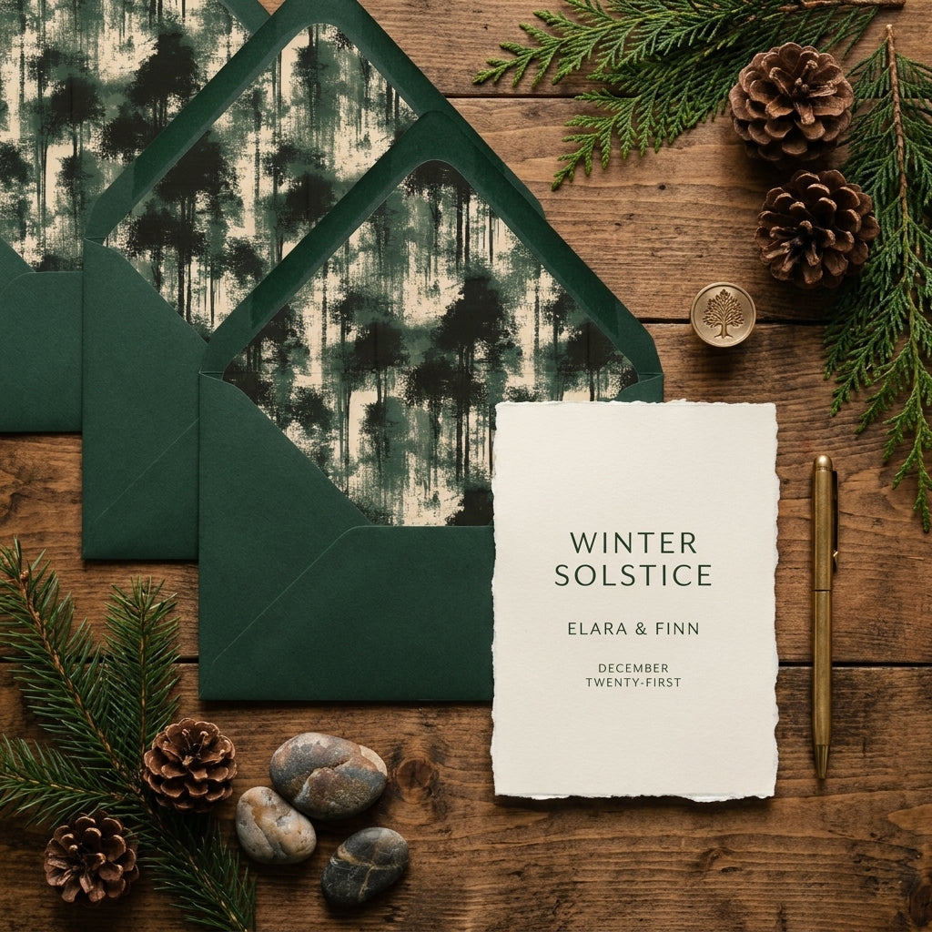 Winter wedding invitation with evergreen forest envelope liners and rustic pine cones by Wrapped Studios.
