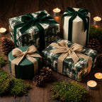 Luxury forest Christmas gift wrap on presents with velvet and burlap bows by Wrapped Studios.