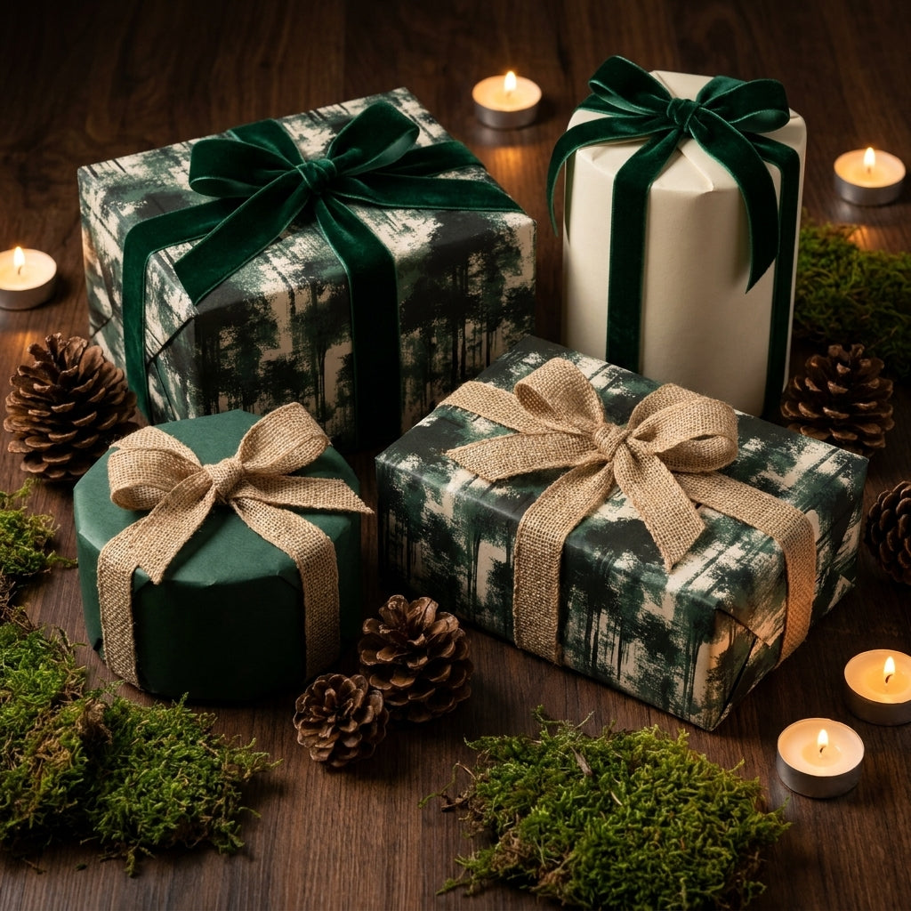 Luxury forest Christmas gift wrap on presents with velvet and burlap bows by Wrapped Studios.