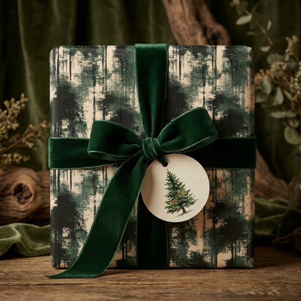 Rustic forest Christmas gift wrap by Wrapped Studios, featuring a green velvet bow and tree tag.