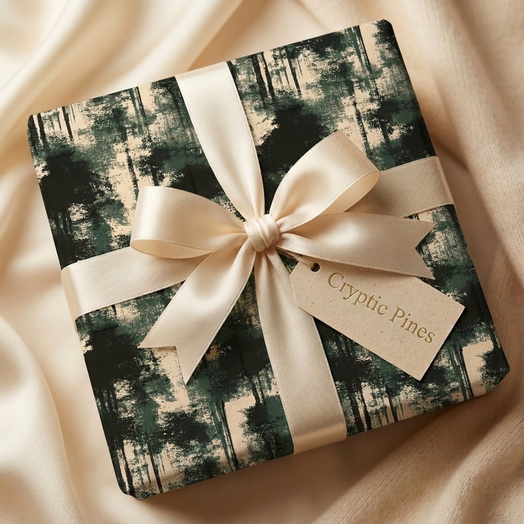 Pine forest wrapping paper with a luxury cream satin bow on a gift box by Wrapped Studios.