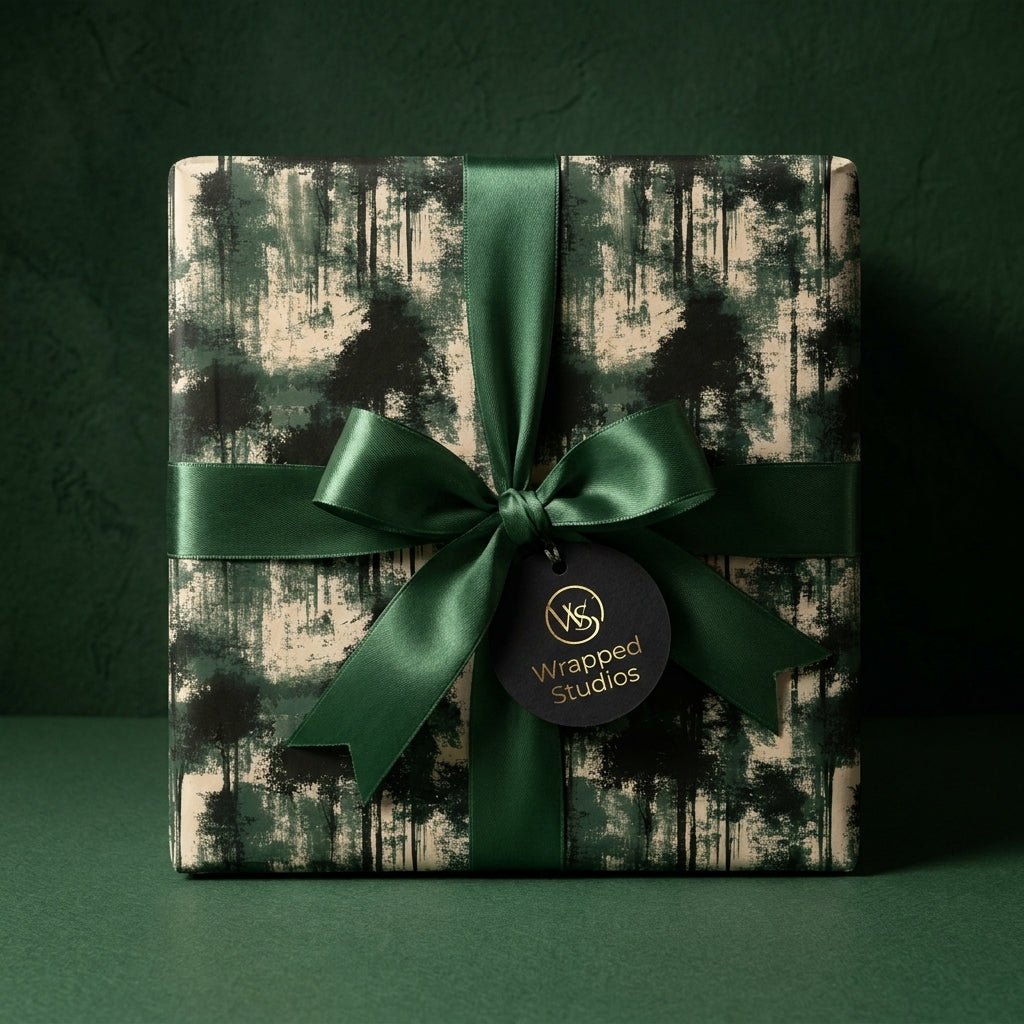 Forest green Christmas wrapping paper with a pine tree pattern and satin bow by Wrapped Studios.