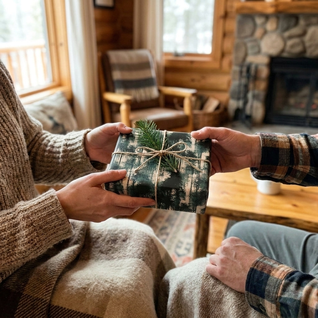 Rustic green Christmas wrapping paper on a gift tied with twine in a cozy cabin. Wrapped Studios.