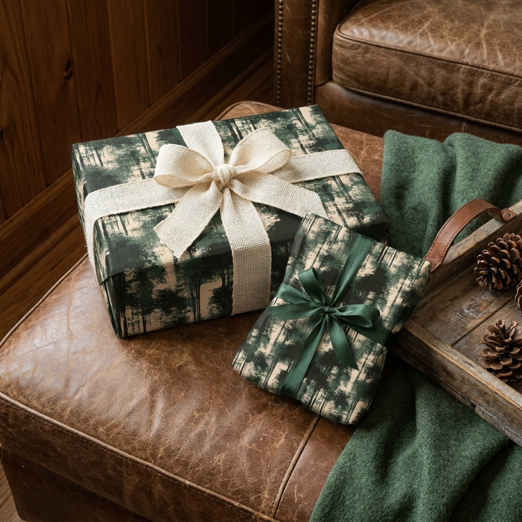 Rustic forest Christmas gift wrap by Wrapped Studios on holiday presents with a cream burlap bow.