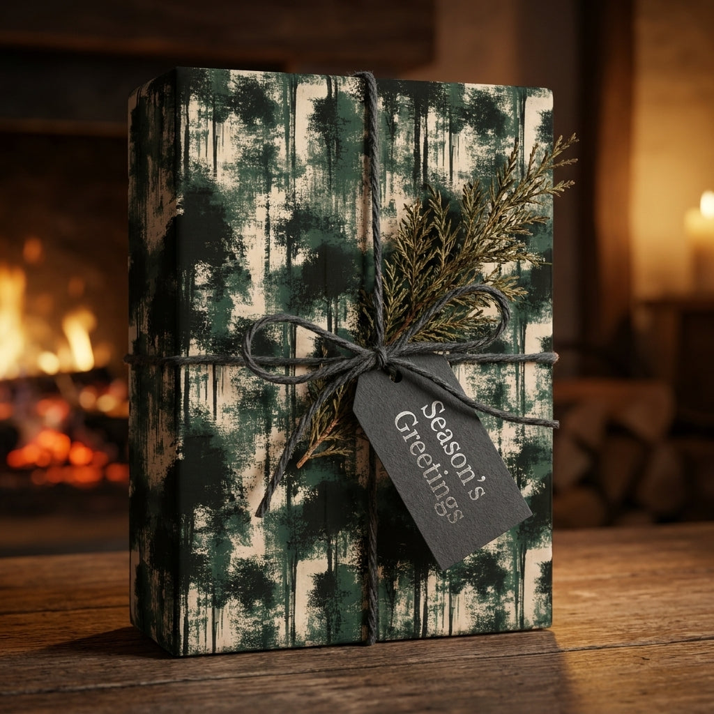 Rustic pine forest Christmas gift wrap by Wrapped Studios, tied with twine in a cozy fireplace setting.