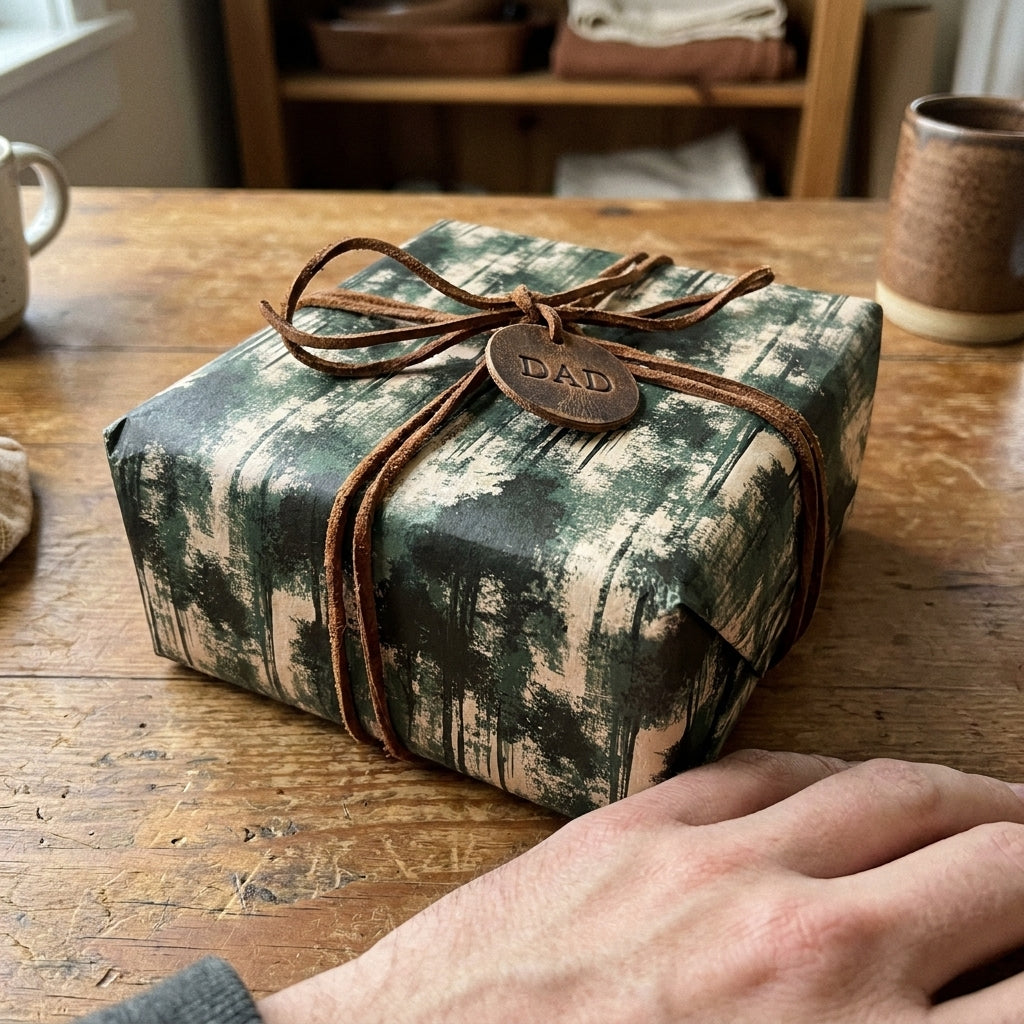Father's Day green forest gift wrap with leather cord and Dad tag by Wrapped Studios.