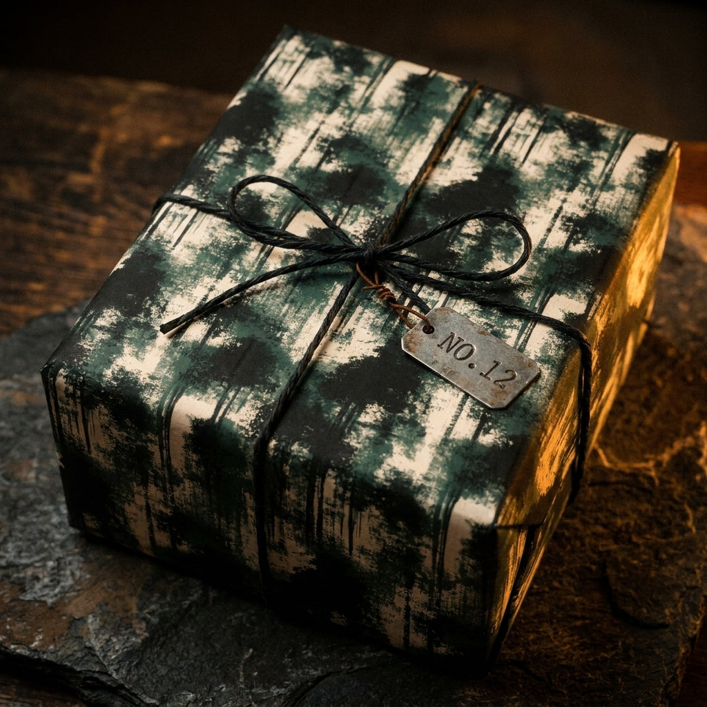 Rustic dark green forest wrapping paper with black twine on a gift box by Wrapped Studios.