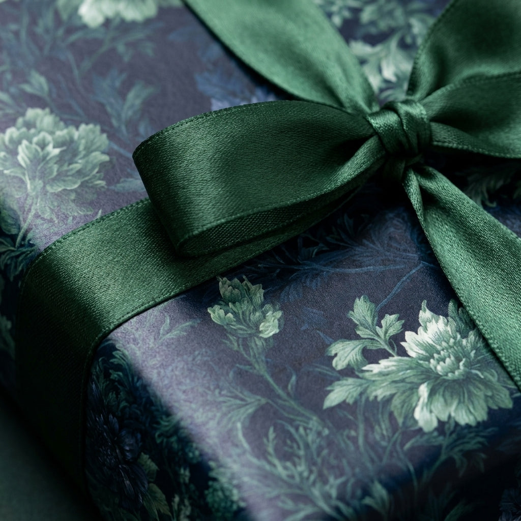 Luxury floral wrapping paper in dark green and navy with a satin ribbon bow by Wrapped Studios.