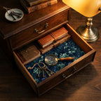 Vintage floral wrapping paper used as a dark botanical drawer liner in a wooden desk drawer by Wrapped Studios.