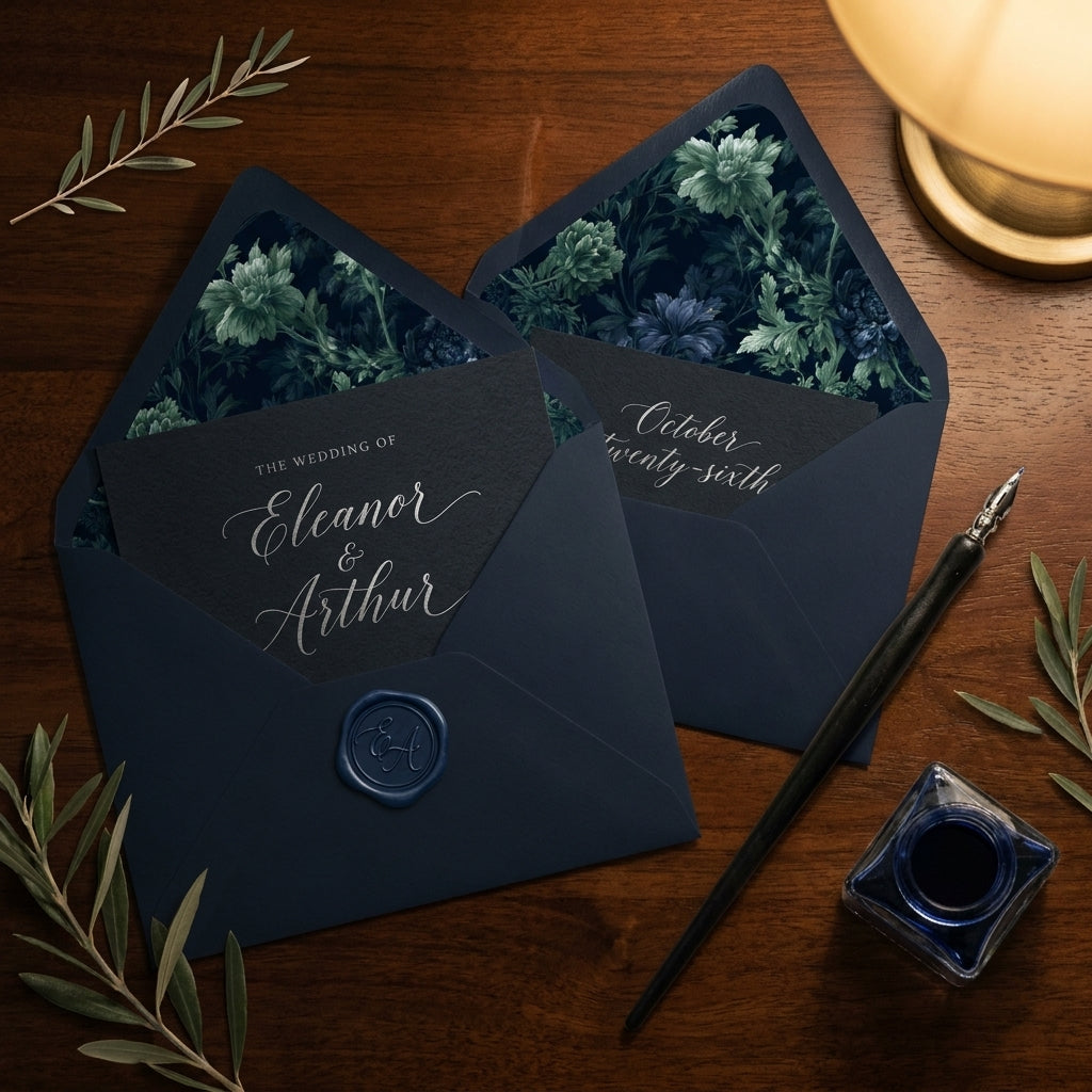 Luxury wedding invitations with navy envelopes and dark floral liners by Wrapped Studios.