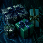 Luxury dark botanical floral wrapping paper with velvet ribbons by Wrapped Studios.