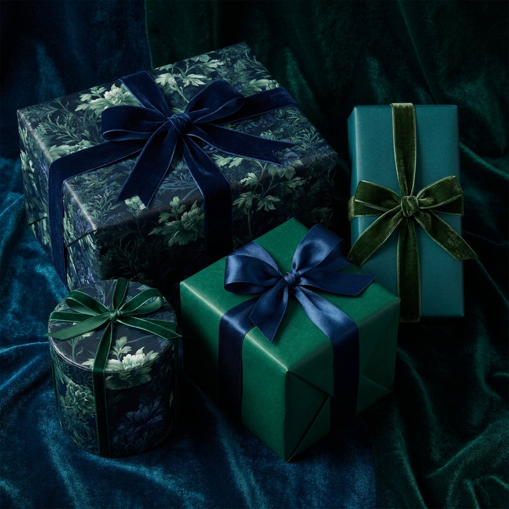 Luxury dark botanical floral wrapping paper with velvet ribbons by Wrapped Studios.