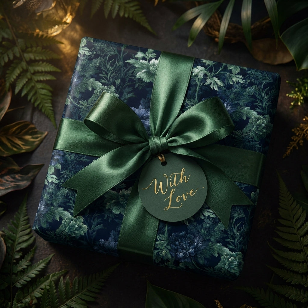 Luxury floral wrapping paper in dark green botanical print with a satin bow by Wrapped Studios.