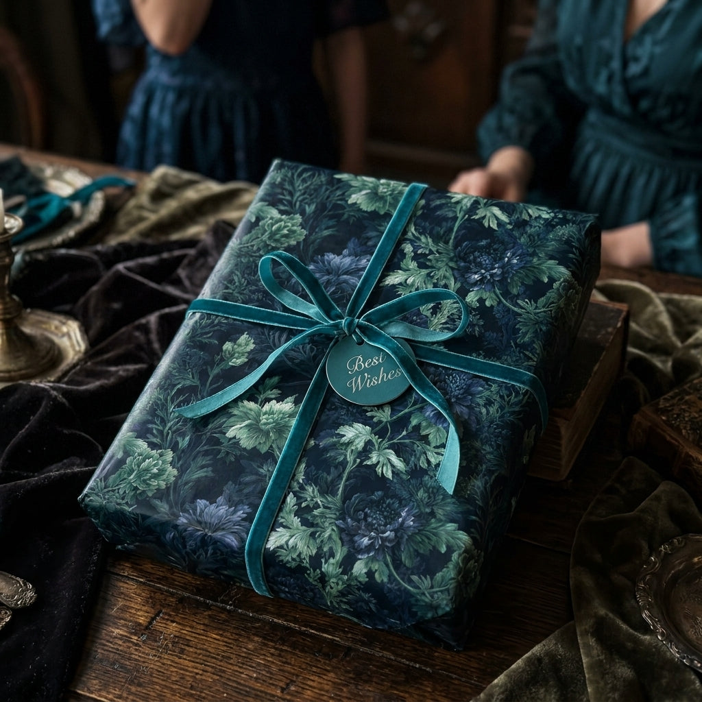 Luxury dark teal floral wrapping paper with a velvet bow on a gift box by Wrapped Studios.