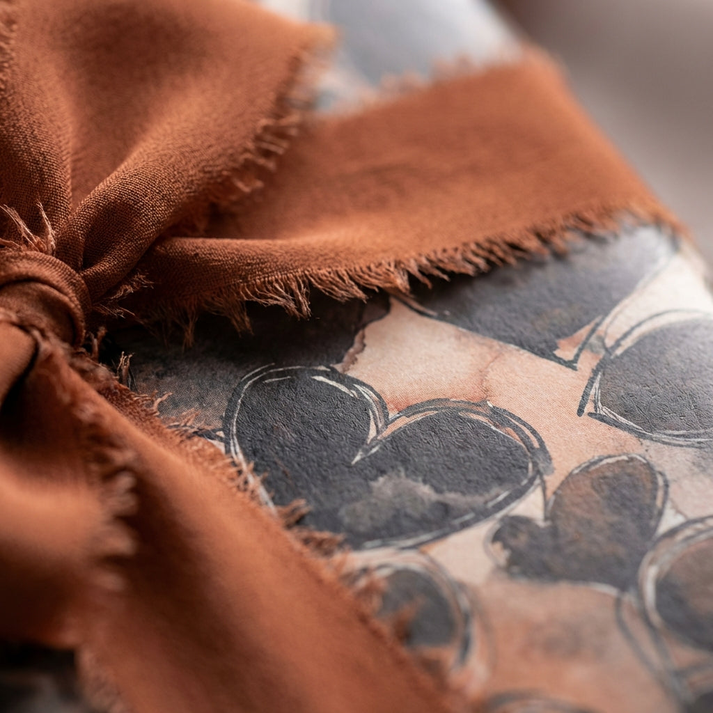 Heart patterned wrapping paper with rustic brown frayed ribbon from Wrapped Studios.
