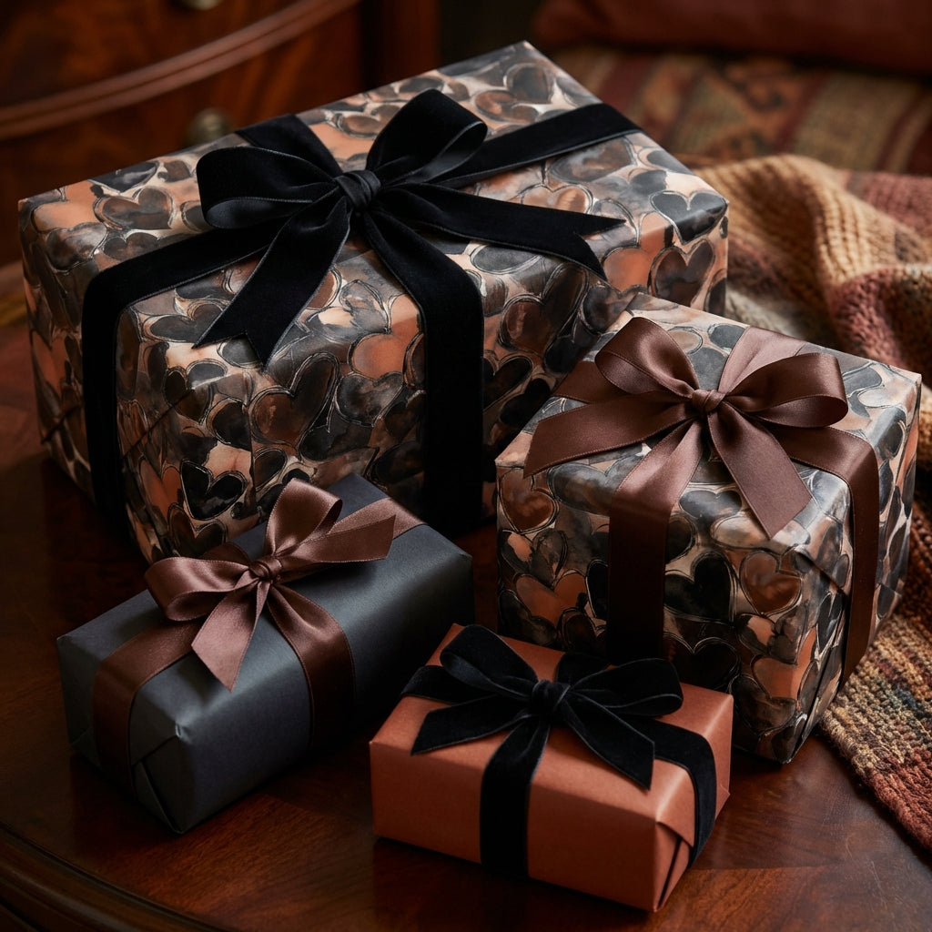 Elegant gift boxes wrapped in heart patterned paper with velvet ribbons, for special occasions.