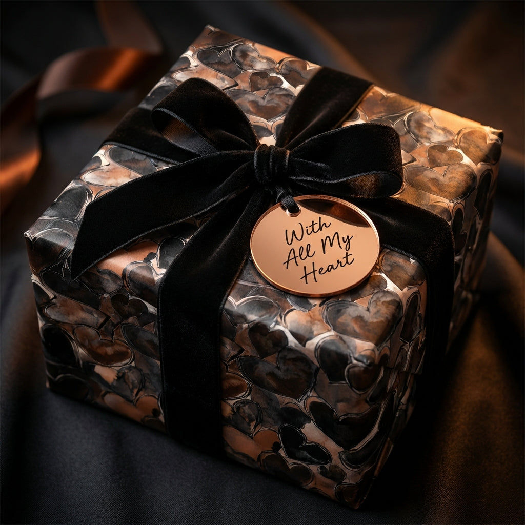Elegant square gift box wrapped in luxury heart-patterned wrapping paper, tied with black velvet ribbon.