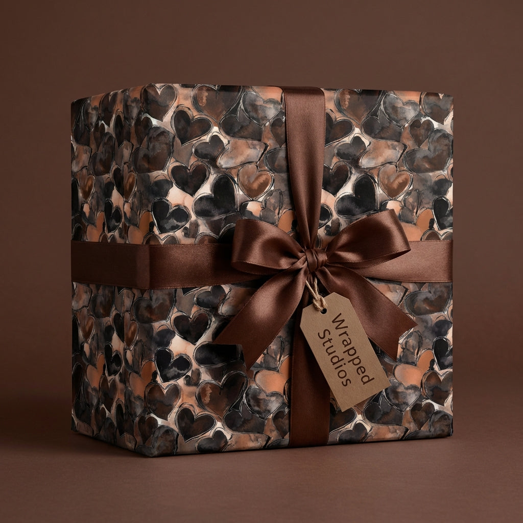 Wrapped Studios luxury gift wrap with brown heart pattern and satin ribbon.