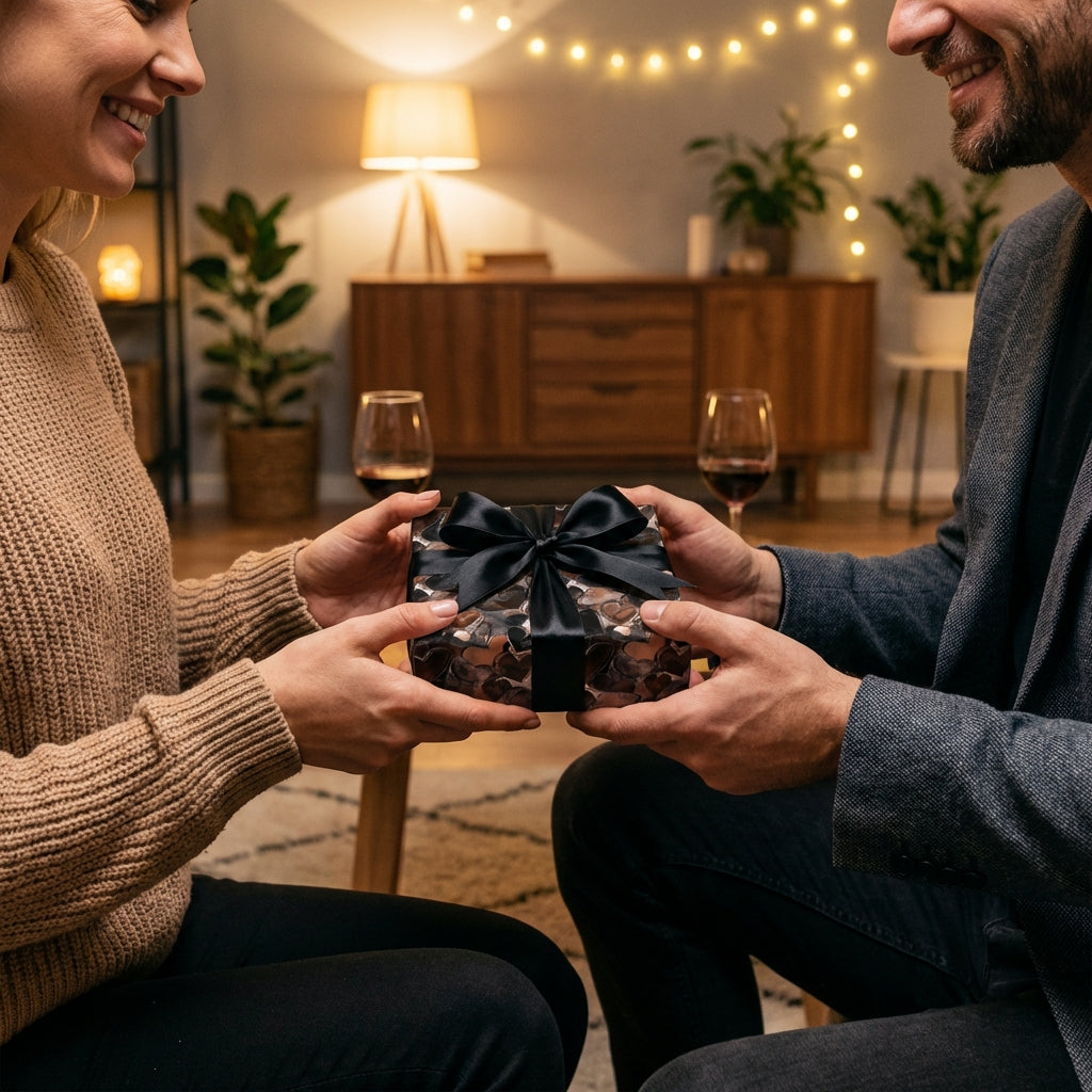 Couple exchanging gift wrapped in modern floral wrapping paper with black satin ribbon.
